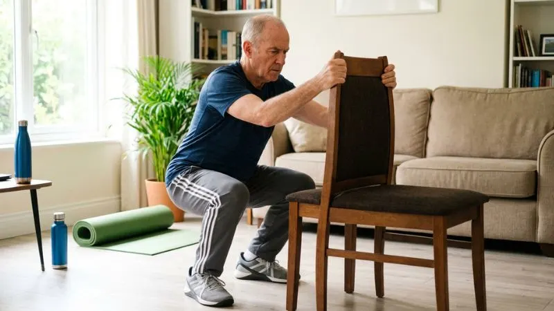 Homme de 68 ans réalisant un exercice de squat assisté en s’appuyant sur le
dossier d’une chaise dans son salon, tenue de sport simple