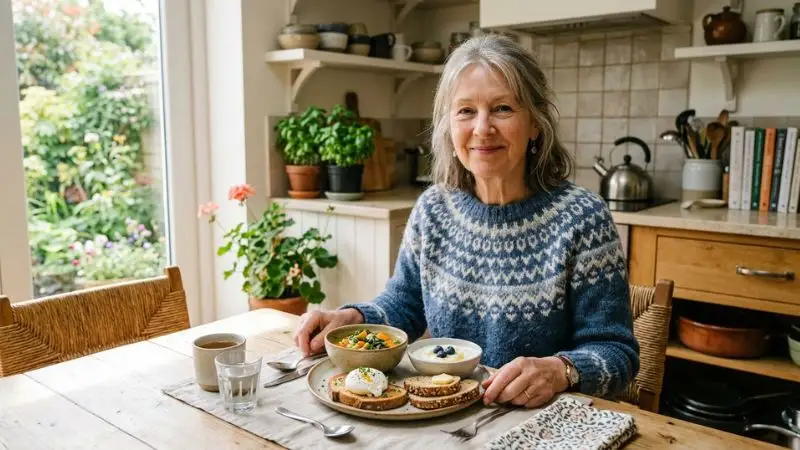 Femme de 65 ans assise à une table de cuisine devant une petite assiette contenant une soupe de légumes, un œuf poché, du pain complet et un yaourt nature