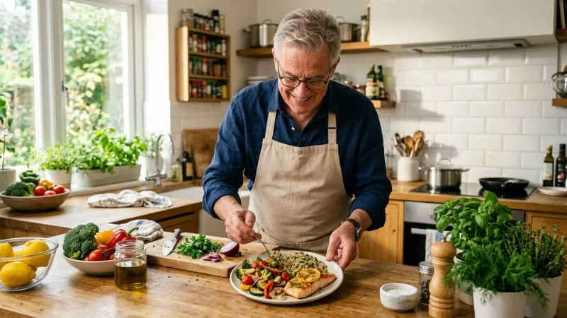 Homme de 65 ans dans une cuisine, préparant une assiette
équilibrée avec la moitié de légumes, un quart de poisson grillé et un quart de quinoa