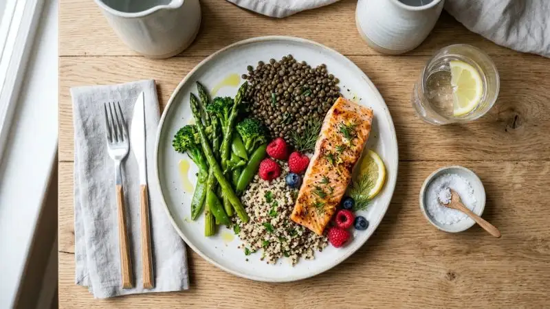 Table de cuisine en bois vue de dessus avec une assiette composée
de filet de saumon, lentilles, légumes verts, quinoa et fruits rouges