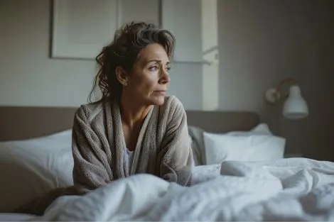 Femme éveillée dans son lit, illustration des troubles du sommeil pendant la ménopause