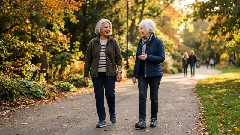 Femme de 67 ans souriante, en promenade dans un parc avec une amie du même âge, marchant tranquillement et discutant, ambiance de lien social et de vitalité.