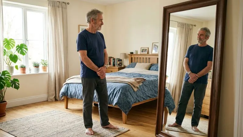 Homme de 67 ans debout devant un miroir dans une chambre, regardant sa silhouette avec une expression
réfléchie et bienveillante