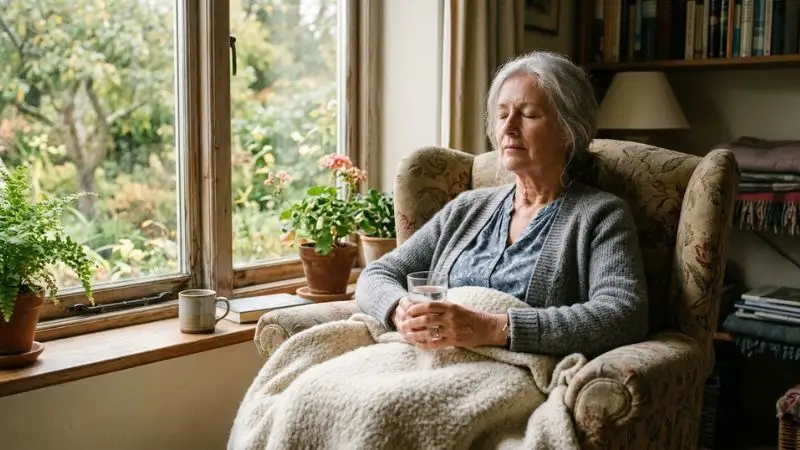 Femme de 65 ans assise dans un fauteuil près d’une fenêtre, tenant un verre d’eau et pratiquant une respiration calme les yeux fermés