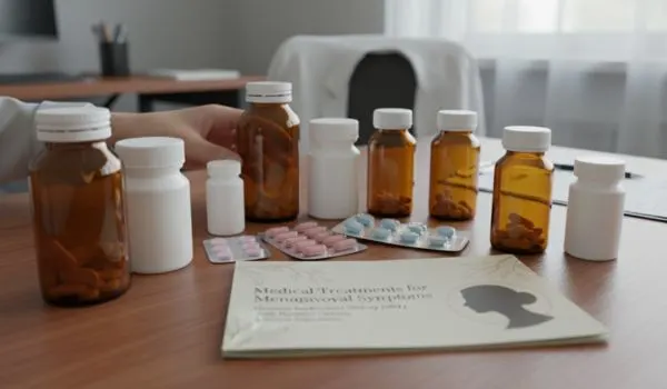 Médicaments et ordonnance posés sur une table pour symptome de menopause