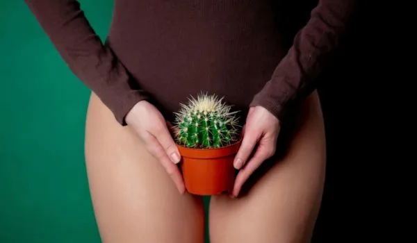 Visuel symbolique de gêne intime (cactus tenu devant le bassin).
Image symbolique de gêne intime et sécheresse