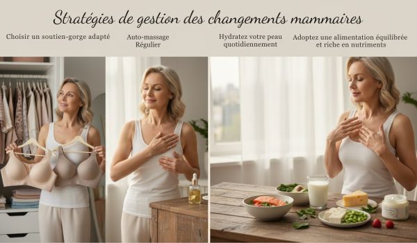 soutien-gorge adapté, auto-massage, hydratation de la peau et alimentation équilibrée
pendant la ménopause