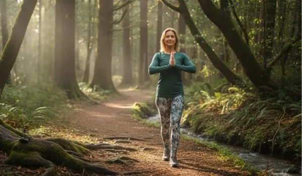 Une femme en tenue de sport faisant une posture de yoga en forêt,
décor naturel propice au mouvement doux