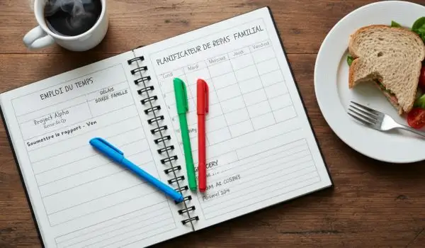 Carnet ouvert avec planning travail et planning repas de la semaine, stylos de couleur,
tasse de café et assiette avec sandwich à côté