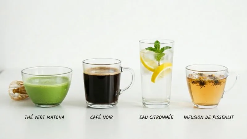 Rangée de tasses et verres avec différentes boissons minceur : thé vert matcha, café noir, eau citronnée,
infusion pissenlit — fond blanc minimaliste