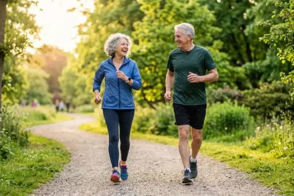 Couple seniors marchant rapidement ensemble dans parc verdoyant