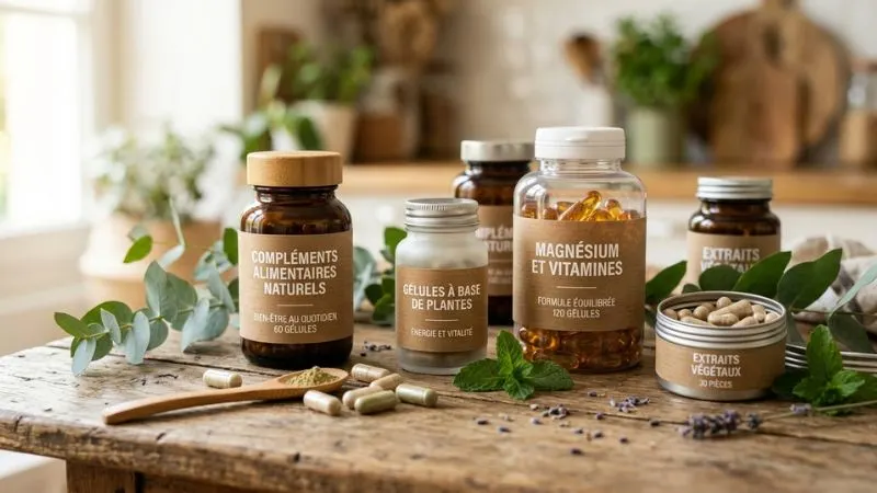 Gélules et flacons de compléments alimentaires naturels posés sur fond bois avec feuilles vertes, ambiance
naturelle et saine, pas de marque visible