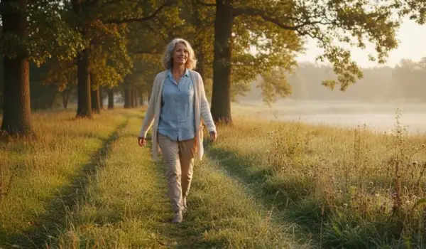 Femme de 50+ marchant dans un champ au lever ou coucher du soleil, atmosphère
paisible et positive, symbolisant bien-être et constance