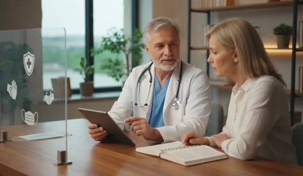Consultation médicale, médecin montrant une tablette à une patiente, ambiance cabinet
et symboles de protection sanitaire en arrière-plan