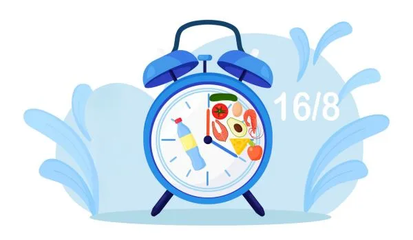 horloge jeûne 16/8 indiquant une fenetre alimentaire
horloge + des aliments sains et une bouteille d'eau