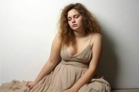 Femme assise, expression fatiguée, illustrant l’impact de la ménopause sur le bien‑être et les changements du corps