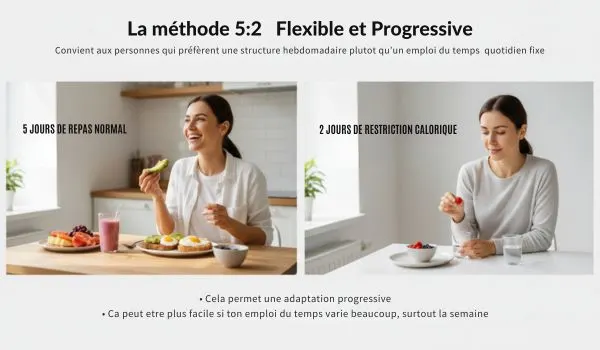 Une femme consomme des repas normaux pendant 5 jours et des portions réduites
pendant 2 jours de restriction calorique