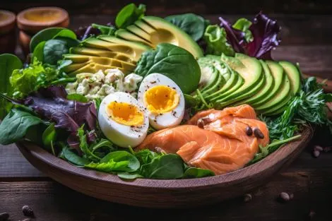 Assiette saine avec légumes verts, avocat, œufs et saumon, exemple de repas équilibré