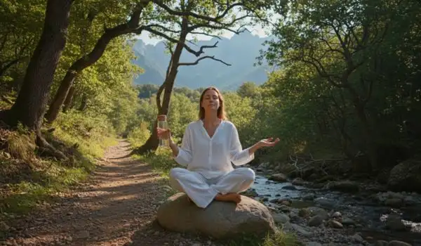 Personne assise en méditation sur un rocher près d’un ruisseau en pleine nature, tenant
une bouteille d’eau, ambiance calme et apaisante