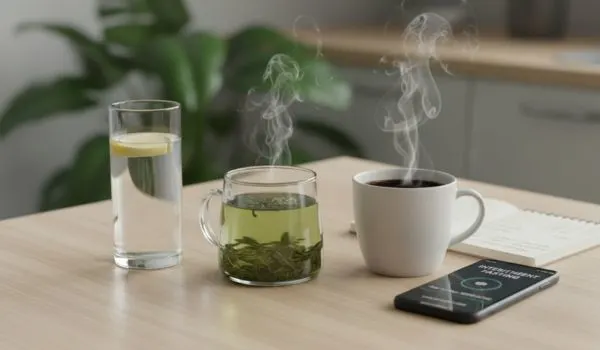 Table avec un verre d’eau citronnée, une tasse de thé, un café chaud et un smartphone
affichant une application de jeûne intermittent