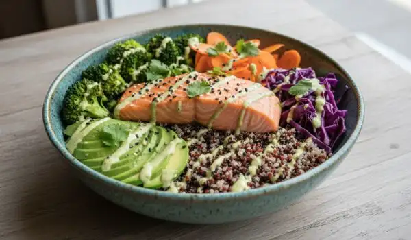 Bol repas équilibré avec saumon, quinoa, avocat, brocoli, carottes et chou rouge, présentation
colorée et appétissante