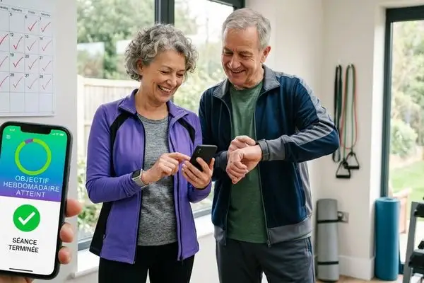 Couple seniors célébrant objectif sportif atteint sur smartphone et agenda