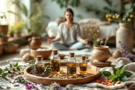Huiles et plantes sur un plateau, avec une personne en méditation en arrière-plan, évoquant des
approches naturelles