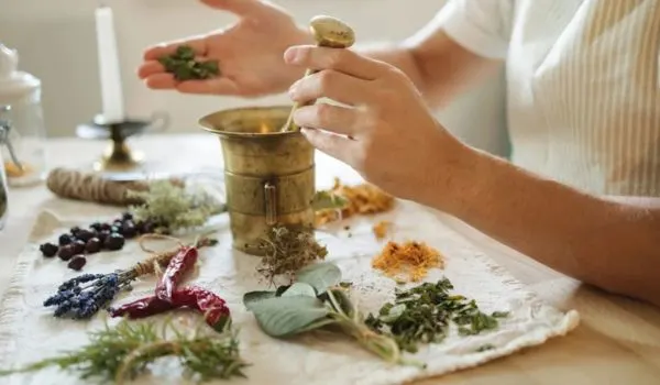 Mains préparant des plantes dans un mortier, avec herbes et épices posées sur la table