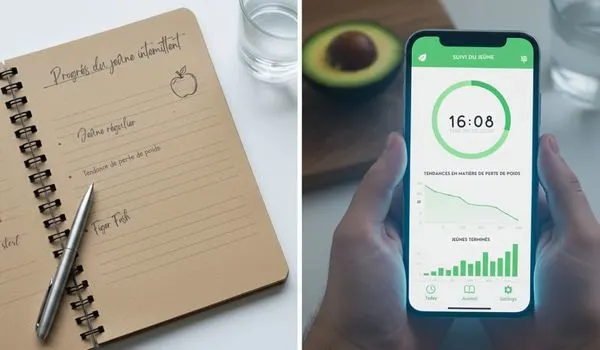 Montage en deux parties, carnet de suivi du jeûne et smartphone affichant un minuteur
16:08 avec graphique de progression, verre d’eau et avocat en arrière-plan