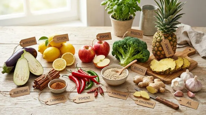 table avec10 aliments brûle-graisse naturels disposés artistiquement : aubergine, citron, cannelle,
piment, pomme, son d'avoine, brocoli, ananas, gingembre — fond bois clair