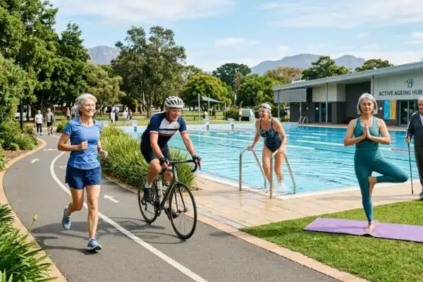Seniors pratiquant vélo, natation, marche et yoga pour maigrir