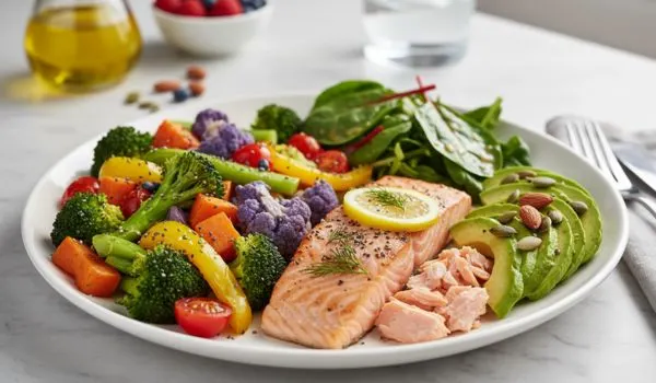 Assiette équilibrée riche en légumes, protéines maigres et bonnes graisses pour l’alimentation à la ménopause