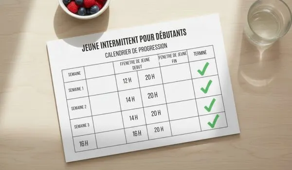 planning jeûne intermittent progression débutant
Ce que vous verrez : Calendrier avec coche 12h → 14h → 16h