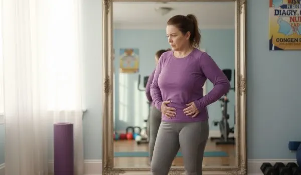 Femme en tenue de sport tenant son ventre et regardant sa silhouette dans un miroir