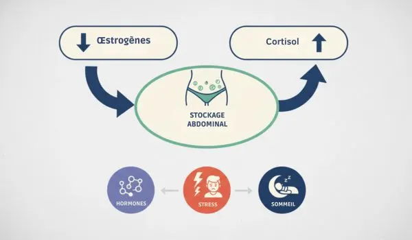 Illustration montrant la baisse des œstrogènes et l’effet du stress sur le stockage abdominaL