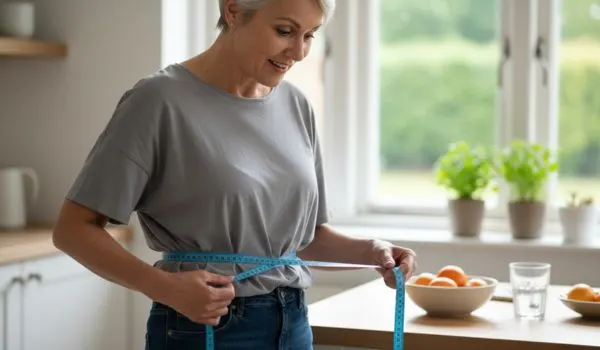 Femme d’environ 50 ans mesurant son tour de taille avec un mètre ruban