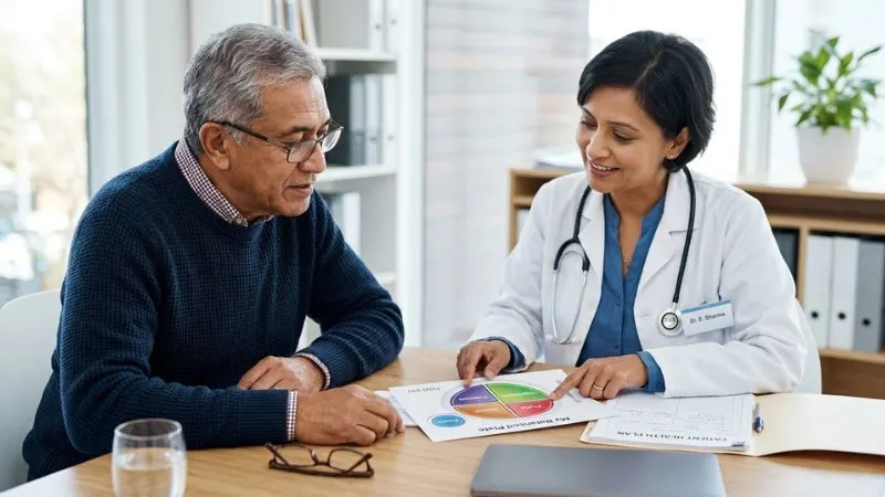 Homme de 60 ans assis à table avec son médecin, discutant devant une
assiette équilibrée et des documents