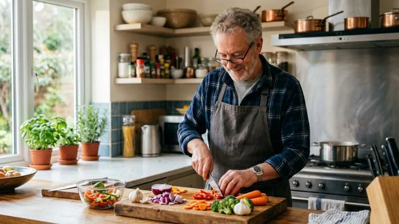 Homme de 60 ans préparant un repas dans une cuisine lumineuse, coupant des légumes frais sur une
planche à découper