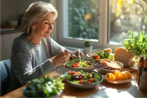 Femme de 55 ans mangeant une salade équilibrée, alimentation saine pour améliorer la santé vaginale après 50 ans