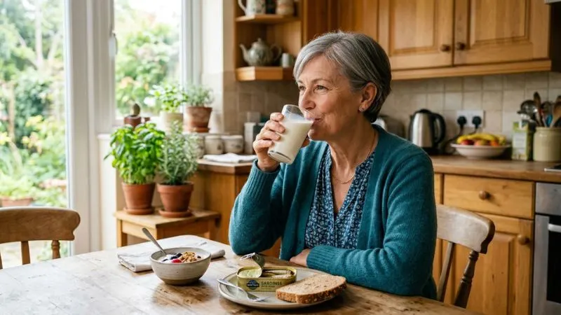Femme de 58 ans buvant un verre de lait enrichie en calcium dans une cuisine, à côté d'un yaourt et de sardines.