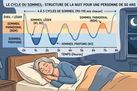 Illustration du cycle du sommeil après 50 ans montrant l'évolution
des phases de sommeil profond et léger avec l'âge