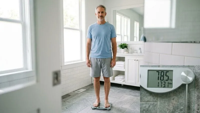 Homme de 55 ans sur une balance dans une salle de bain lumineuse, expression neutre et confiante.
