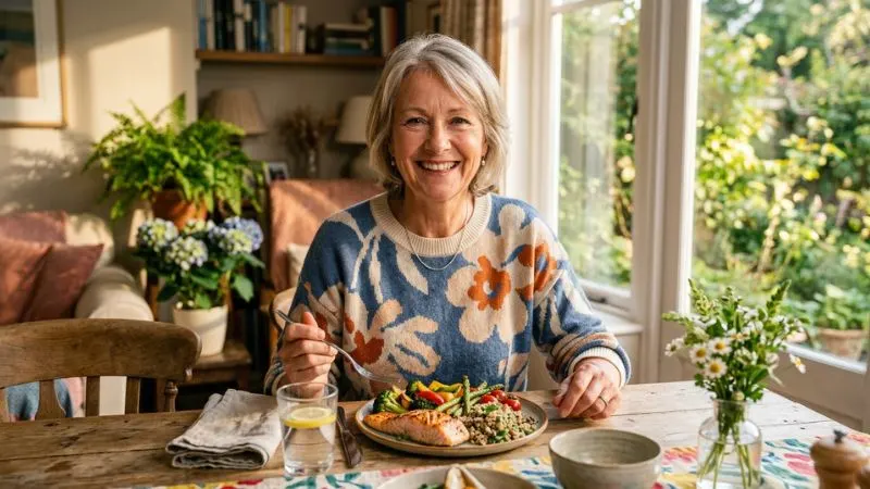 Femme de 58 ans souriante, assise à table devant un repas coloré et équilibré, regard serein tourné vers l'extérieur.