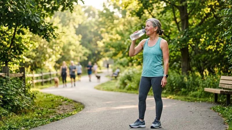 Femme de 55 ans buvant une bouteille d'eau après une marche dans un parc, tenue de sport légère,
sourire naturel.