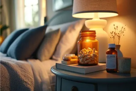 Table de chevet avec pot de compléments alimentaires, flacon et lampe dans une chambre
calme propice au sommeil