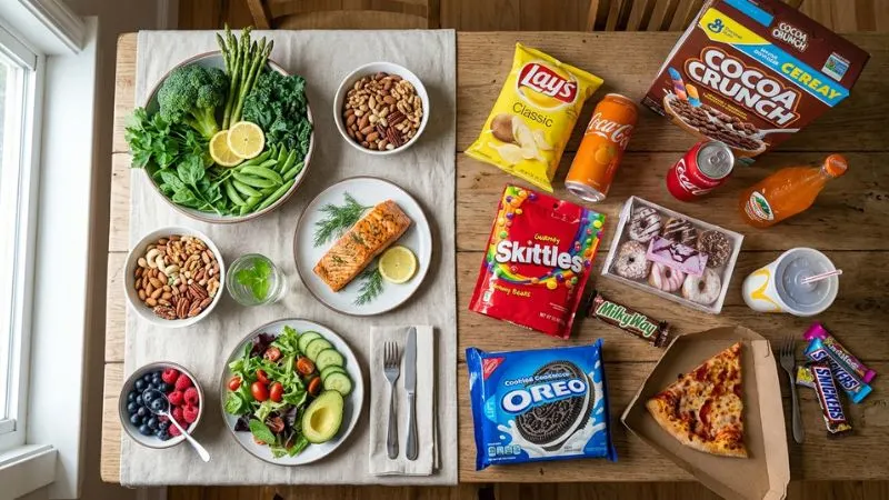 Table divisée visuellement en deux parties, d'un côté des aliments sains (légumes verts, fruits à coque, poisson),
de l'autre des produits transformés et sucrés.