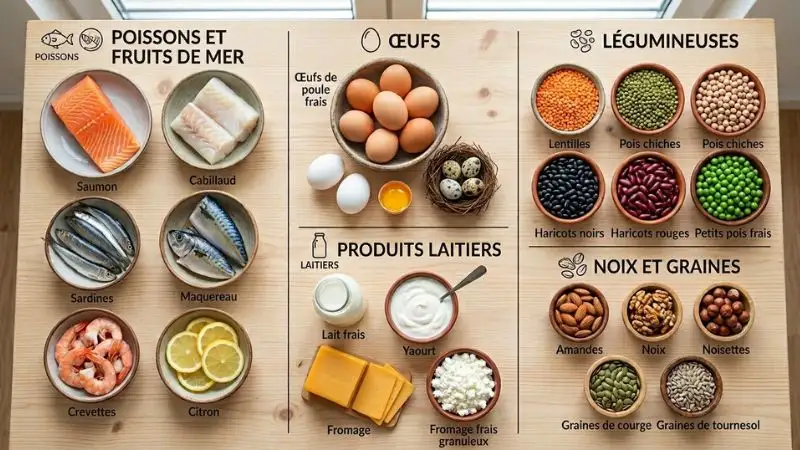 Table en bois, avec plusieurs aliments regroupés par catégorie (poisson, œufs,
légumineuses, produits laitiers, fruits à coque)