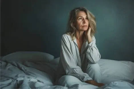 Femme senior assise sur son lit regardant au loin dans une chambre sombre, illustrant
l'insomnie après 50 ans