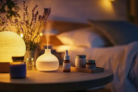 Table de chevet avec diffuseur d'huiles essentielles, flacons aromathérapie et bougies dans
une chambre apaisante tamisée