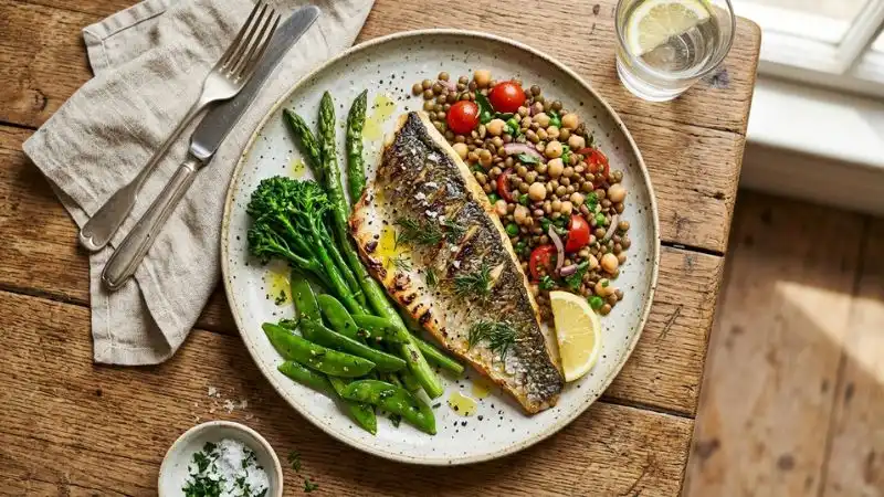 Assiette garnie d'un filet de poisson grillé, de légumineuses et de légumes verts, posée sur une table en bois.